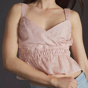 NWT Anthropologie Maeve Shirred Peplum Pink Stripe Smocked Tank Top • Size S 🔴